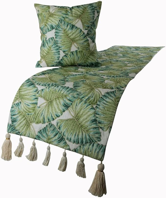 The HomeCentric Decorative Designer Handmade Bed Runner with 2 Decorative Throw Pillow Cover, 68 x 18 Inch Designer Full Size Bed Scarf in Printed Linen & Embroidery Bed Linen - Tropical Feeling