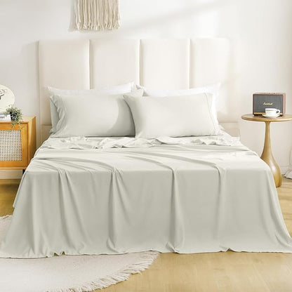 California King Sheet Set - 4 Piece Silky Soft Hotel Luxury Cooling Sheets for King Size Bed, 16" Deep Pocket Easy Care Wrinkle Free Bedding Sheet and Pillowcase Set Cal King Size, Ivory