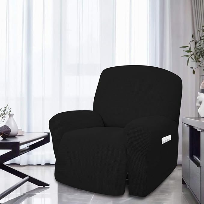 Easy-Going 4 Pieces Oversized Recliner Stretch Sofa Slipcover Sofa Cover Furniture Protector Couch Soft with Elastic Bottom Polyester Spandex Jacquard Fabric Small Checks Black X-Large