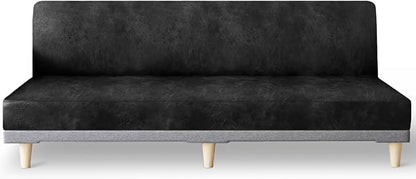 molasofa Leather Like Stretch Futon Slipcover Armless Futon Bed Sofa Cover Furniture Protector with Elastic Bottom, Soft and Washable Futon Cover for Sofa Bed Stay in Place（X Larger，Dark Grey）