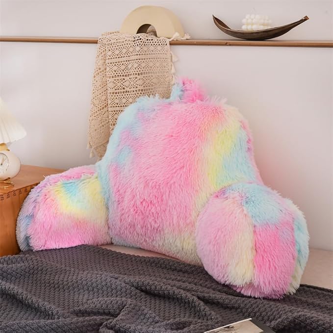 Aimuan Reading Pillow Bed Rest Pillow with Arms Rabbit Fur Cushion for Adults Teens Incline Rest Sitting up & Sleeping Snoring Pillow with Pregnancy Lumbar Back Support (Standard, Light-Pink)