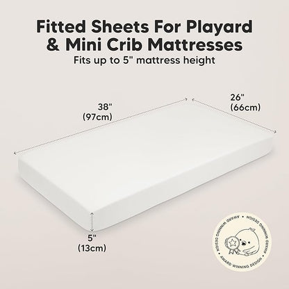 2-Pack Mini Crib Sheets Fitted - 38x26 Pack N Play Sheets for Pack and Play Mattress, Organic Cotton, Soft & Breathable Playard Bedding, Neutral Mini Toddler Bed Cover for Boys, Girls (Soft White)