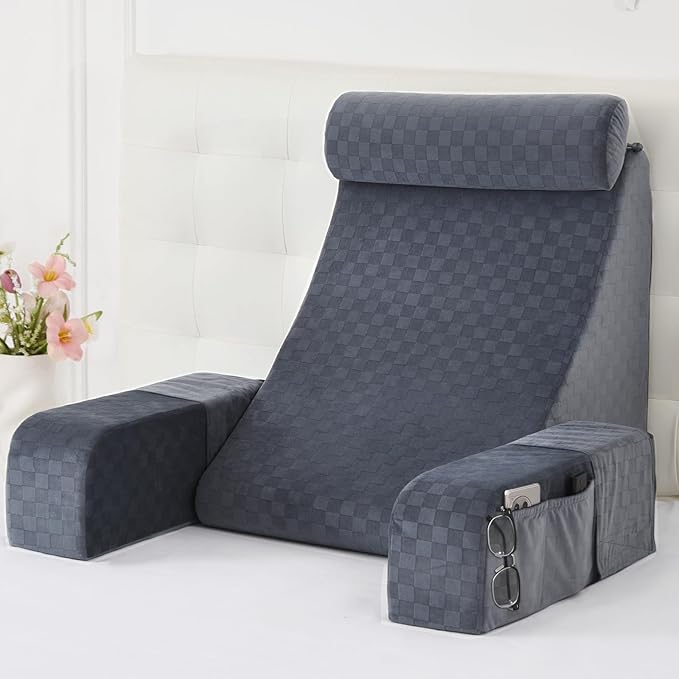Vekkia 21" Large Reading Pillow with Adjustable Arms & Headrest – Wide Backrest Cushion for Adults with Extra-Large Pockets for Reading, TV, Gaming & Work, Recovery on Bed & Floor, 21"(Grace Grey)