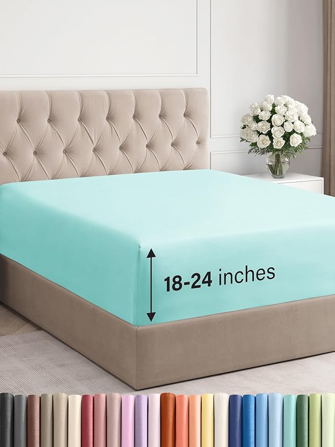 Extra Deep Queen Fitted Sheet - Hotel Luxury Single Fitted Sheet Only - Easily Fits 18 inch to 24 inch Mattress - Ultra Soft, Wrinkle & Fade Free w/Extra Deep Pockets - Breathable & Comfy - Spa Blue