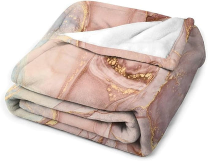Abstract Marble Blanket, Modern Luxury Baroque Golden Pink Purple Stone Veins Pattern Soft Warm Cozy Plush Flannel Covers for Livingroom Bedroom Couch Chair Camping Travel Home Decor Tapestry 50x60in