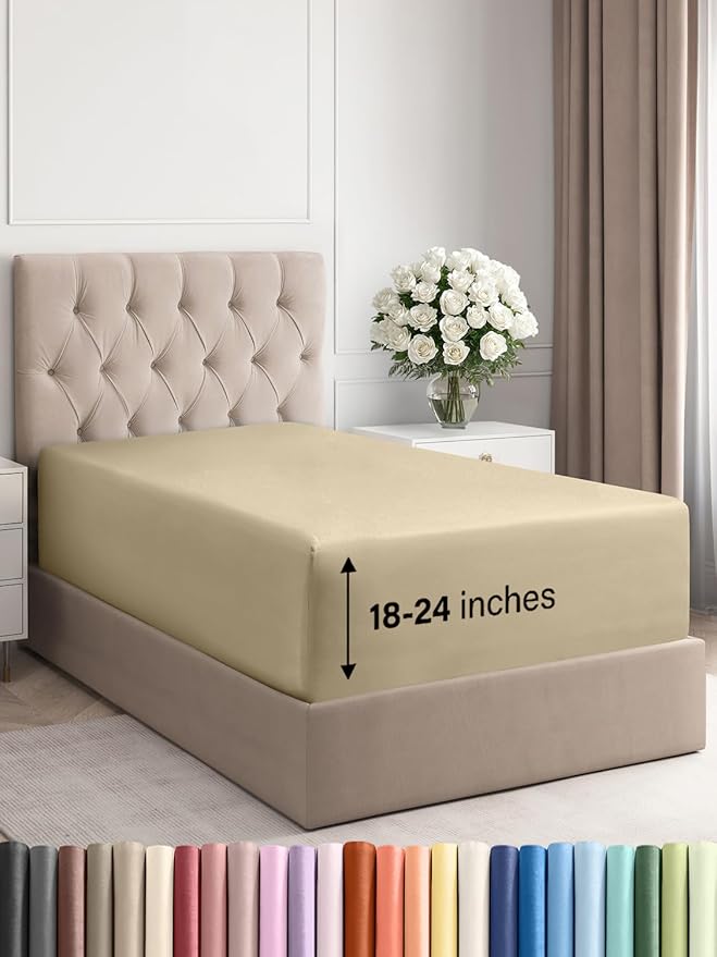 Extra Deep Twin XL Fitted Sheet - Hotel Luxury Single Fitted Sheet Only - Easily Fits 18 inch to 24 inch Mattress - Ultra Soft, Wrinkle & Fade Free w/Extra Deep Pockets - Breathable & Comfy - Beige