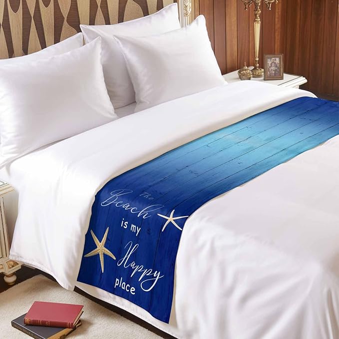 Happy Beach Place Marine Starfish Bed Runners for Bedroom Hotel,Decorative Bedding Scarf Gradient Blue Wood Grain Bed End Blanket Bedding Runner Scarves for Full Size Bed,83x20in