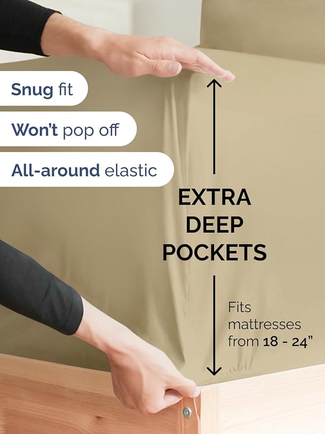Extra Deep Pocket Cal King Sheets - 4 Piece Breathable & Cooling Bed Sheets - Hotel Luxury Bed Sheet Set - Soft, Wrinkle Free & Comfy - Easily Fits Extra Deep Mattresses - Deep Pocket Beige Sheets Set
