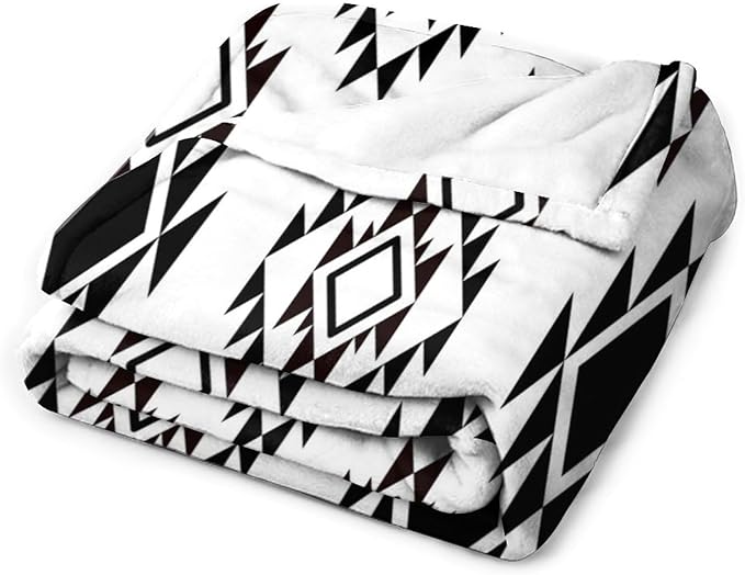 Boho Throw Blanket, Black and White Native Blankets, Vintage Tribal Aztec Printed Flannel Blanket for Chair Bed Sofa Couch 50"x60"