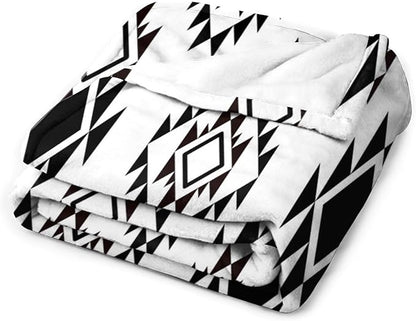 Boho Throw Blanket, Black and White Native Blankets, Vintage Tribal Aztec Printed Flannel Blanket for Chair Bed Sofa Couch 50"x60"