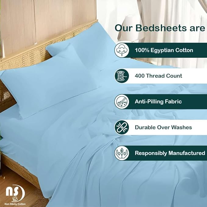 NON Sticky cotton Queen Size Sleeper Sofa Sheets, 4 Piece Egyptian Cotton Bed Sheet Set for Sofa Bed, 7" Deep Pocket for Pull Out Couch Mattress, 60" x 75", Light Blue Solid, Soft & Breathable