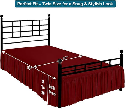 Shreem Linen Ruffled Bed Skirt with Split Corners, Gathered Style, 100% Microfiber, 21-Inch Drop, Dust Ruffle Bedskirt with Platform, Twin, Burgundy