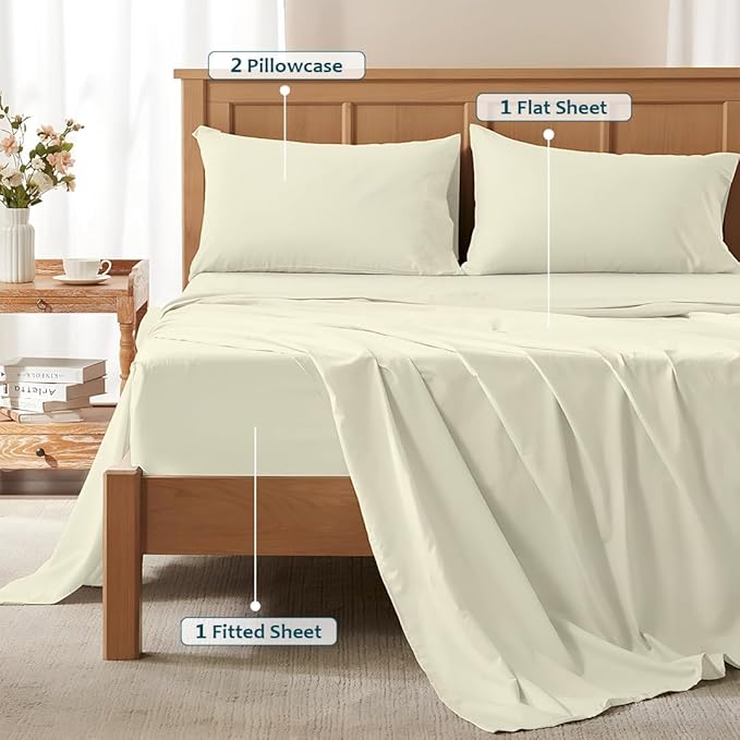 Full Size Bed Sheets Set - Luxury 338 Thread Count 100% Egyptian Cotton Sateen, Cooling Sheets, Deep Pockets with All Around Elastic for a, Hotel Quality Bedding Set (Ivory Solid)
