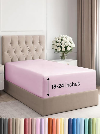 Extra Deep Twin Fitted Sheet - Hotel Luxury Single Fitted Sheet Only - Easily Fits 18 inch to 24 inch Mattress - Ultra Soft, Wrinkle & Fade Free w/Extra Deep Pockets - Breathable & Comfy - Light Pink