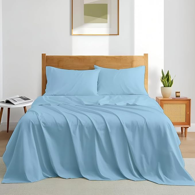 Queen Sheet Set - Luxury 338 Thread Count Sateen, 100% Egyptian Cotton Deep Pocket Queen Sheets with All Around Elastic for a, Hotel Quality Bedding Set (Light Blue Solid)