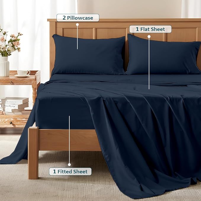 Twin Sheets Set - Luxury 338 Thread Count 100% Egyptian Cotton Sateen, Twin Sheet Set with All Around Elastic for a, Hotel Quality Bedding (Navy Blue Solid)