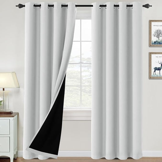 H.VERSAILTEX 100% Blackout Curtains for Bedroom Thermal Insulated Blackout Curtains 84 inch Length Full Light Blocking Curtains for Living Room with Black Liner 2 Panels Set, Greyish White