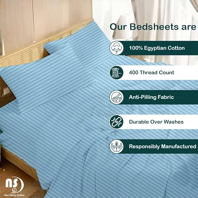 NON Sticky cotton Twin Size Sleeper Sofa Sheets, 4 Piece Egyptian Cotton Bed Sheet Set for Sofa Bed, 8" Deep Pocket for Pull Out Couch Mattress, 39" x 75", Light Blue Stripe, Soft & Breathable