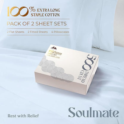 Mayfair Linen 100% Egyptian Cotton 2 Pack Full Sheet Set - Luxury 500 Thread Count Cotton Sheets Full Size (8 PC, Light Blue), Soft, Cooling, Sateen Weave, 16" Deep Pocket Hotel Quality Bed Sheet
