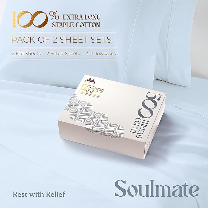 Mayfair Linen 100% Egyptian Cotton 2 Pack King Sheet Set - Luxury 500 Thread Count Cotton Sheets King Size (8 PC, Light Blue), Soft, Cooling, Sateen Weave, 16" Deep Pocket Hotel Quality Bed Sheet