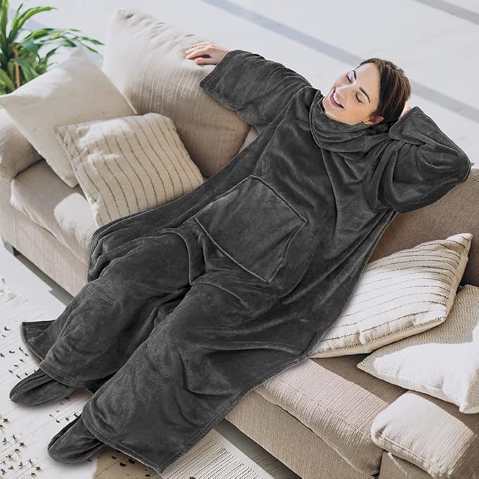 PAVILIA Fleece Blanket with Sleeves, Foot Pockets for Women Men Adults, Plush Wearable Blanket Throw Wrap, Warm Snuggle Blanket Robe, Cozy Gift Ideas Wife Mom, Dark Gray