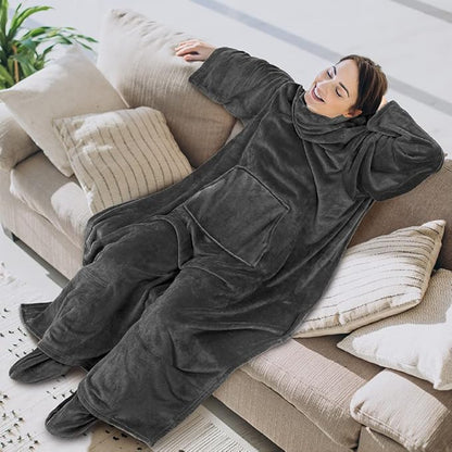 PAVILIA Fleece Blanket with Sleeves, Foot Pockets for Women Men Adults, Plush Wearable Blanket Throw Wrap, Warm Snuggle Blanket Robe, Cozy Gift Ideas Wife Mom, Dark Gray