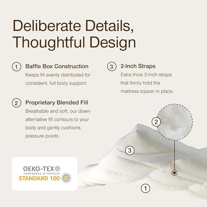 Coop Home Goods Essence Down Alternative Mattress Topper King, Plush 2-Inch Gusset and Baffle Box Design for Even Support and Comfort, Premium Bed Topper for Pressure Relief, Oeko-TEX Certified