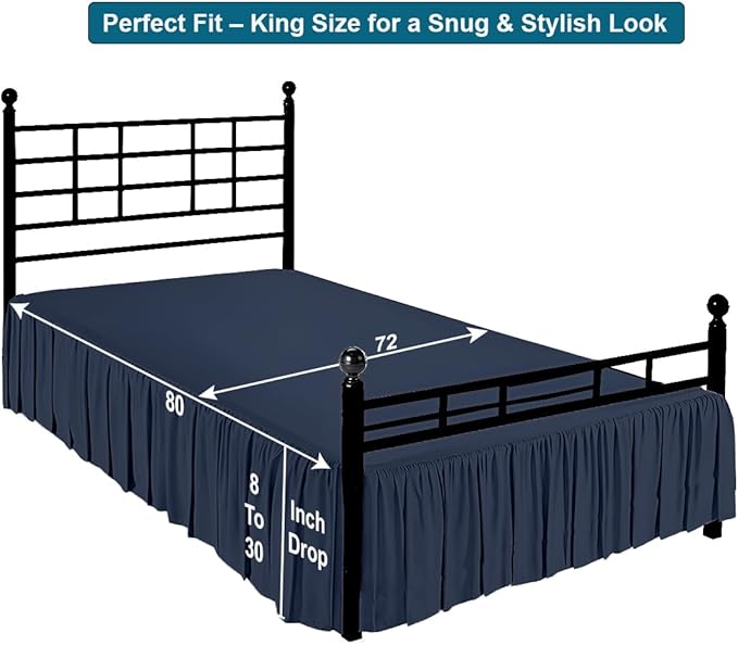 Shreem Linen Ruffled Bed Skirt with Split Corners, Gathered Style, 100% Microfiber, 16-Inch Drop, Dust Ruffle Bedskirt with Platform, King, Navy Blue
