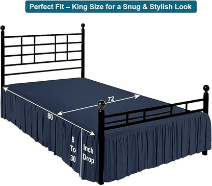Shreem Linen Ruffled Bed Skirt with Split Corners, Gathered Style, 100% Microfiber, 10-Inch Drop, Dust Ruffle Bedskirt with Platform, King, Navy Blue