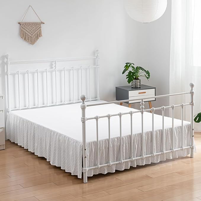 Tufted Dot Bed Skirt Twin Size Ruffled Bed Skirt with Split Corners, 14 Inch Drop Dust Ruffle Bed Skirts with Platform, White