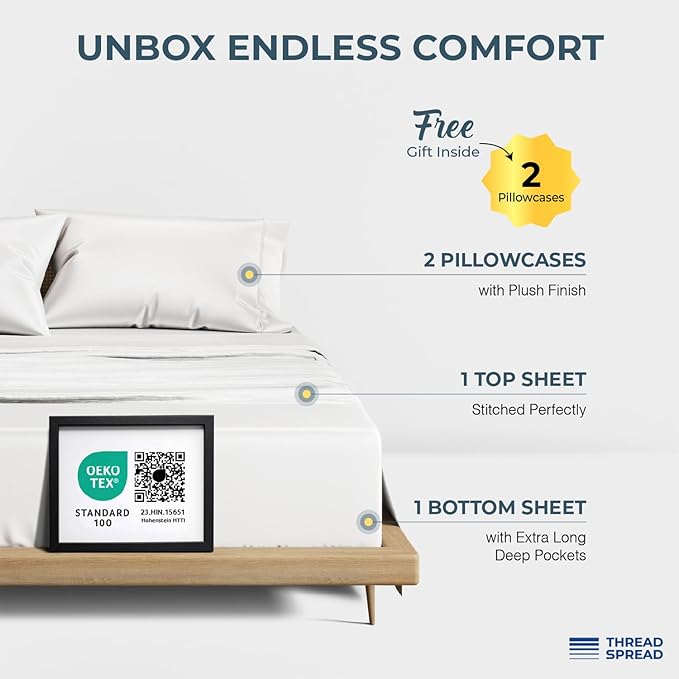THREAD SPREAD 100% Egyptian Cotton King Size Sheets Set - Luxury 1500 Thread Count Egyptian Cotton Sheets King Size, Silky Soft, Cooling, Sateen Weave 17" Deep Pocket Bed Set - White