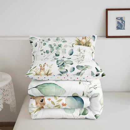 Erosebridal Girls Kawaii Animal Toddler Comforter Set Cute Rabbit Bedding Set, Cartoon Wildlife Bedding Comforter Sets Green Leaf Duvet Set, Spring Plant Quilted Comforter Child Kids Bedroom Decor