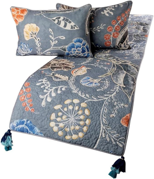 The HomeCentric Blue Bed Runner, King Size 90"x18" Decorative Bed Runner with Matching Pillow Cover, Blue Linen Bed Scarf in Quilted Peacock, Linen & Jute Embroidery - Peacock Willow