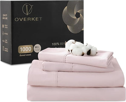 1000 Thread Count Egyptian Cotton Sheets Queen Size Set Sateen Weave Soft Breathable 16-Inch Deep Pocket 4PCS（Queen,Light Pink）