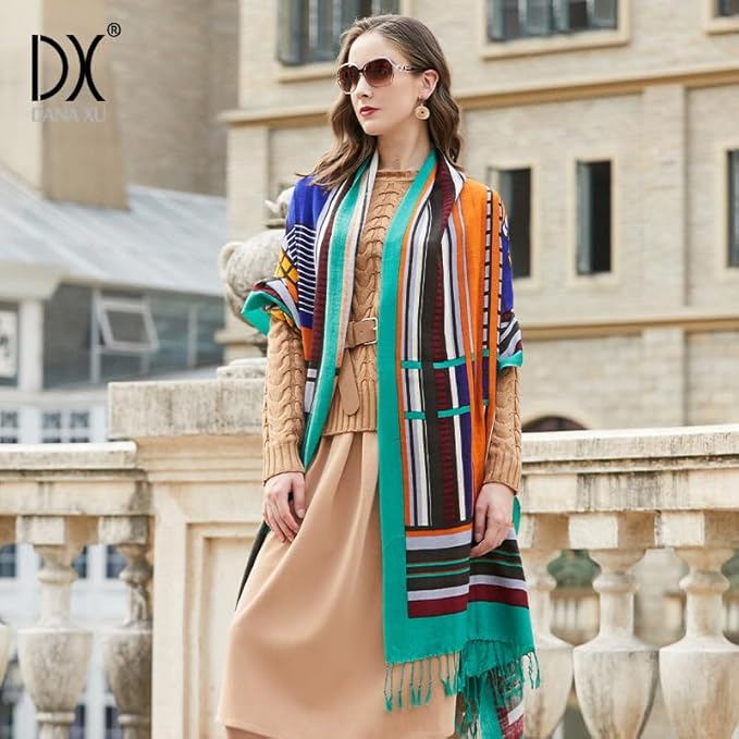DANA XU 100% Merino Wool Pashmina Shawl for Women 96"x43", Oversized Cashmere Wrap with Tassels, Floral Travel Blanket Cape