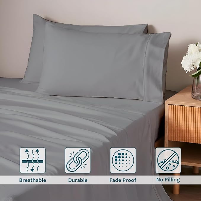 Queen Sheet Set - Luxury 338 Thread Count Sateen, 100% Egyptian Cotton Deep Pocket Queen Sheets with All Around Elastic for a, Hotel Quality Bedding Set (Light Grey Solid)