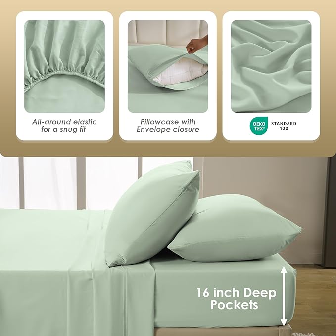 Silky Soft King Size Sheet Set - Luxury 4 Piece Breathable Cooling Sheets for King Size Bed, 16" Deep Pocket Easy Care Wrinkle Free Bedding Sheet and Pillowcase Set, Sage Green