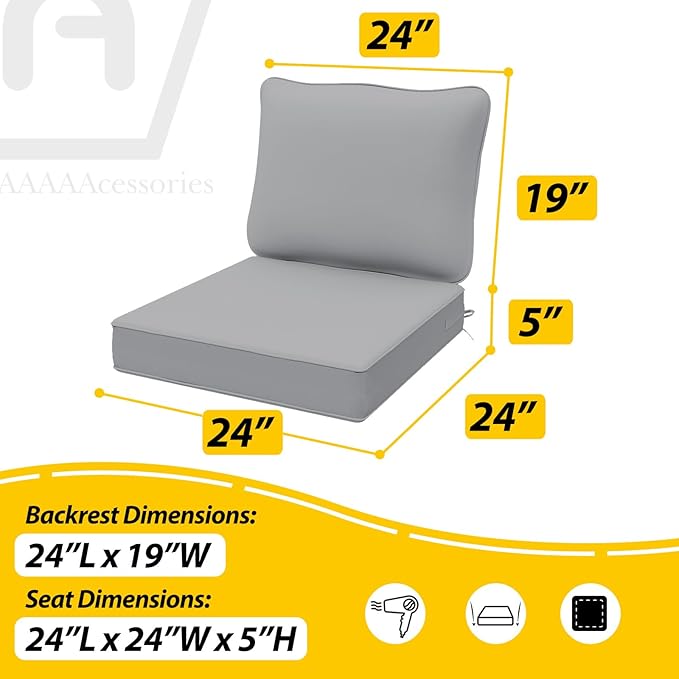 AAAAAcessories Outdoor Deep Seat Cushions, Waterproof, Fade-Resistant Patio Furniture Replacement Cushions, 24" x 24" x 5", Gray