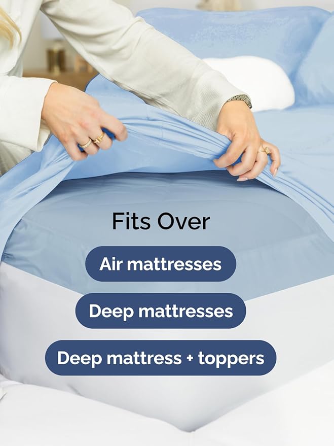 Extra Deep Queen Fitted Sheet - Hotel Luxury Single Fitted Sheet Only - Easily Fits 18 inch to 24 inch Mattress - Ultra Soft, Wrinkle & Fade Free w/Extra Deep Pocket - Breathable & Comfy - Light Blue