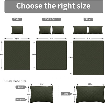 Easy-Going King Size Reversible Quilt Set with 1 Quilt and 2 Pillow Shams, Soft Bed Quilt Cover, Water Resistant Lightweight Microfiber Bedspread, Stain Resistant, Army Green/Beige