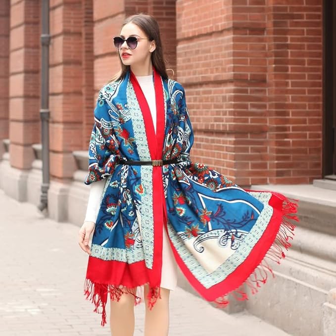 DANA XU 100% Merino Wool Extra Large Pashmina Blanket Travel Scarf Cashmere Wrap for Women Fall Winter Oversize Shawl Floral