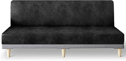 molasofa Leather Like Stretch Futon Slipcover Armless Futon Bed Sofa Cover Furniture Protector with Elastic Bottom, Soft and Washable Futon Cover for Sofa Bed Stay in Place（Larger，Dark Grey）