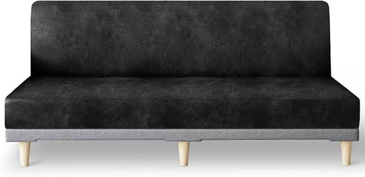molasofa Leather Like Stretch Futon Slipcover Armless Futon Bed Sofa Cover Furniture Protector with Elastic Bottom, Soft and Washable Futon Cover for Sofa Bed Stay in Place（Larger，Dark Grey）