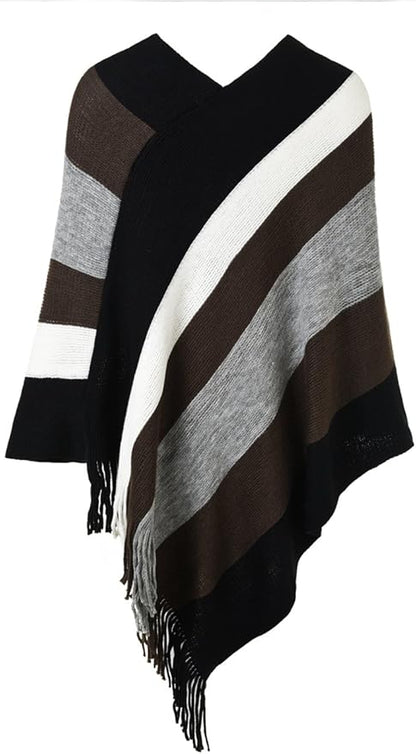 Ferand Women's Striped Poncho Sweater Cozy Knit Fringe Shawl Wraps for Fall Winter