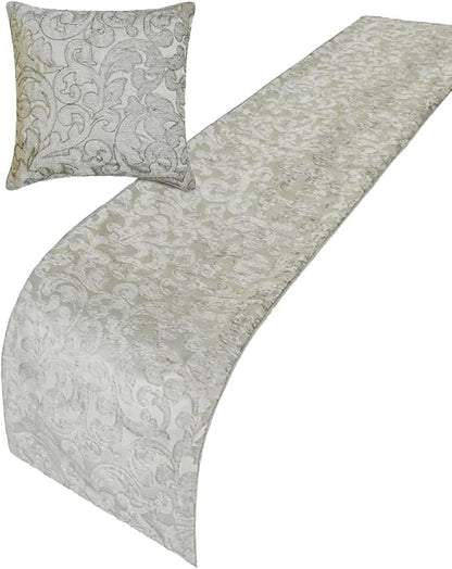 The HomeCentric King/Queen/Twin Silver Decorative CA King 86"x18" Bed Runner Without Pillow Cover, Abstract, Floral, Bead Hand Embroidery Bed Scarf on Jacquard Fabric - Ethereal Silver