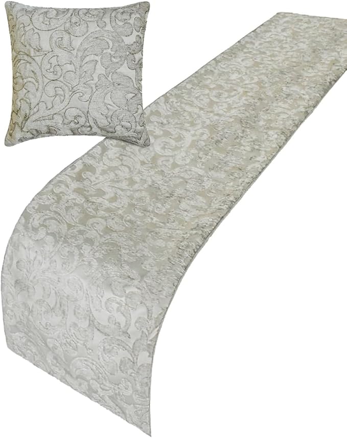 The HomeCentric King/Queen/Twin Silver Decorative CA King 86"x18" Bed Runner with Two Pillow Cover, Abstract, Floral, Bead Hand Embroidery Bed Scarf on Jacquard Fabric - Ethereal Silver
