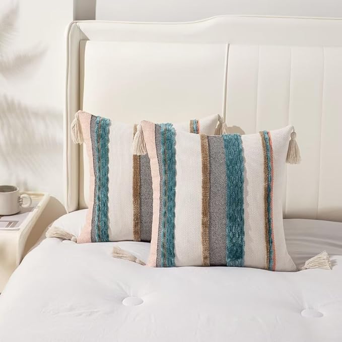 Boho Throw Pillow Covers 18x18 Set of 2 Woven Tufted Farmhouse Pillows Cover with Tassels Textured Striped Cushion Case Neutral Pillow Cases Decorative Pillowcase for Sofa Couch Bed,Blue