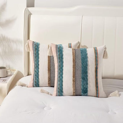 Boho Throw Pillow Covers 18x18 Set of 2 Woven Tufted Farmhouse Pillows Cover with Tassels Textured Striped Cushion Case Neutral Pillow Cases Decorative Pillowcase for Sofa Couch Bed,Blue