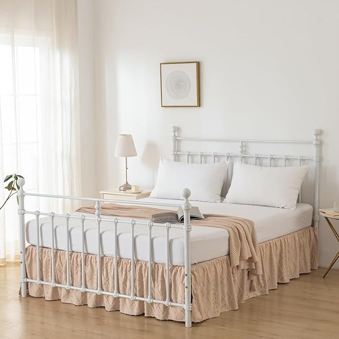 Bed Skirt Queen Size Ruffled Bed Skirt with Split Corners, 12 Inch Drop Dust Ruffle Bed Skirts with Platform, Boho Tufted Shabby Chic Queen Size Bed Skirts, Cream
