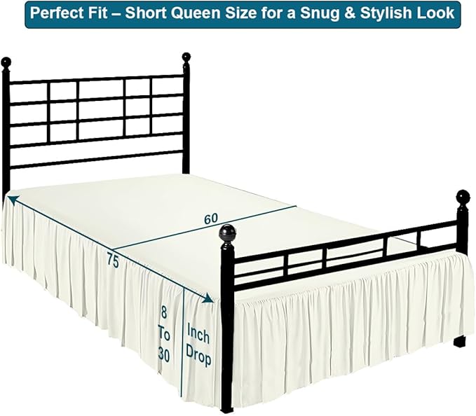 Shreem Linen Ruffled Bed Skirt with Split Corners, Gathered Style, 100% Microfiber, 21-Inch Drop, Dust Ruffle Bedskirt with Platform, Short Queen, Ivory